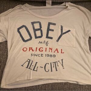 Obey Cream Tee with Blue and Red Print